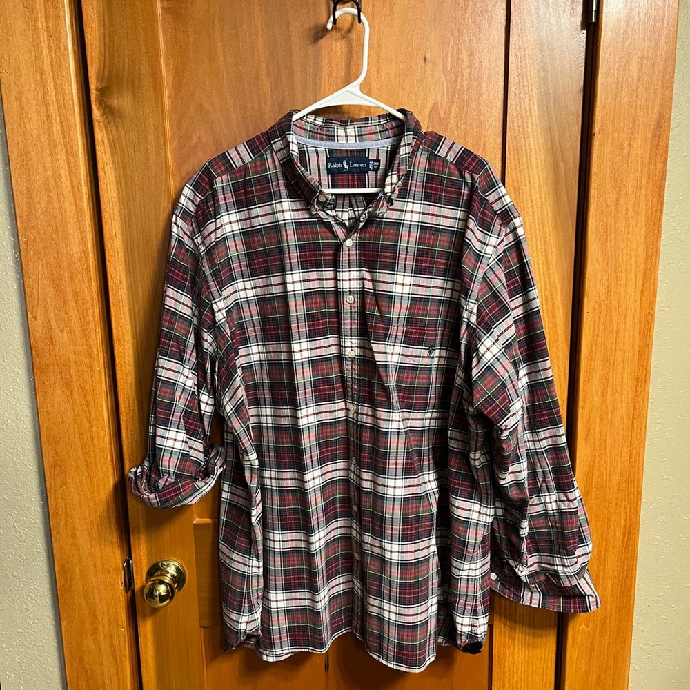 Ralph Lauren Men's Burgundy and White Plaid Shirt